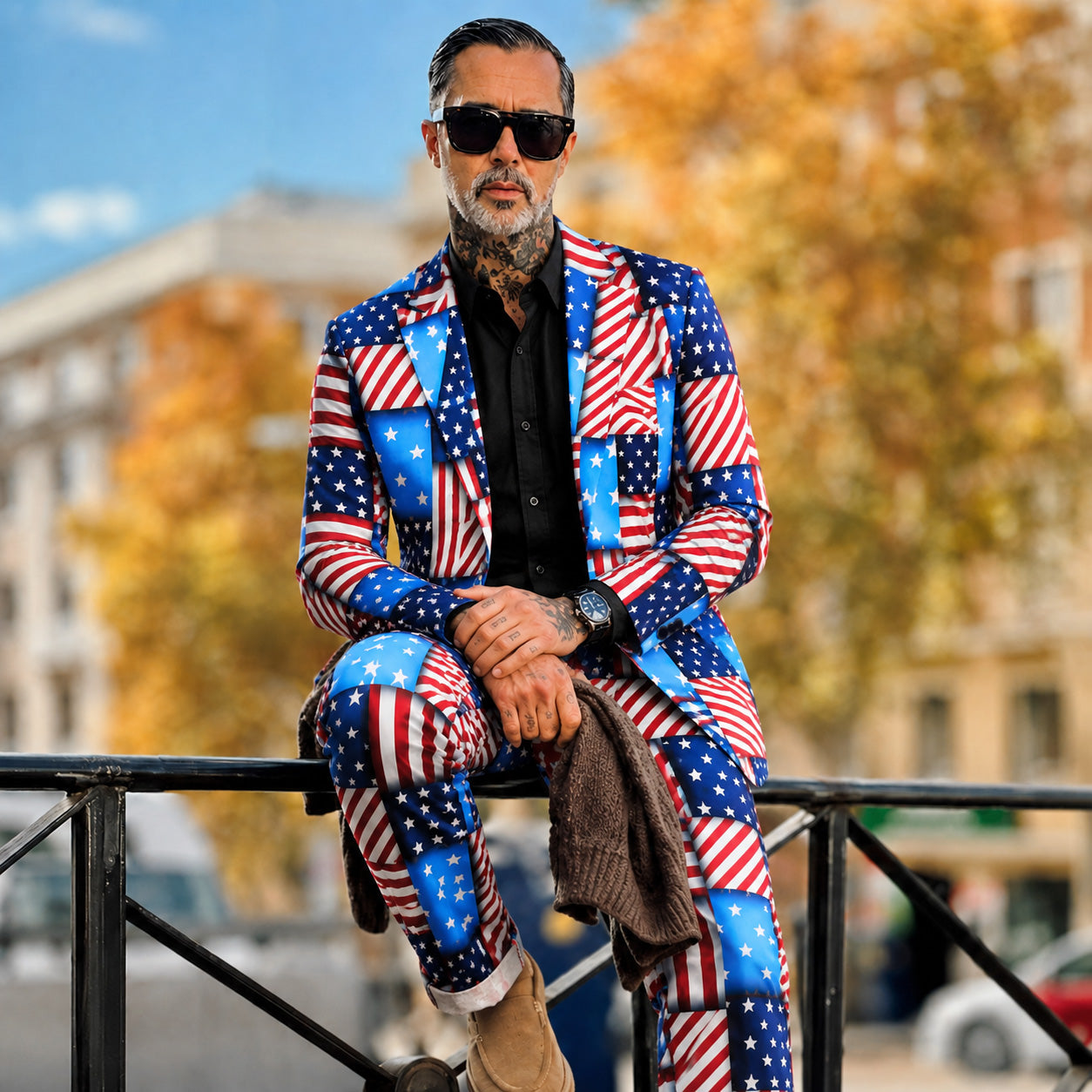 Stylish tattooed man with sunglasses wearing Wisholic USA flag patchwork printed suit and black shirt, sitting on a city street railing.