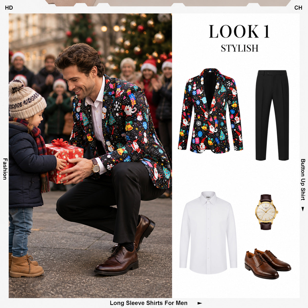 Wisholic men's black animated Christmas blazer styled casually with plain black trousers and brown oxfords