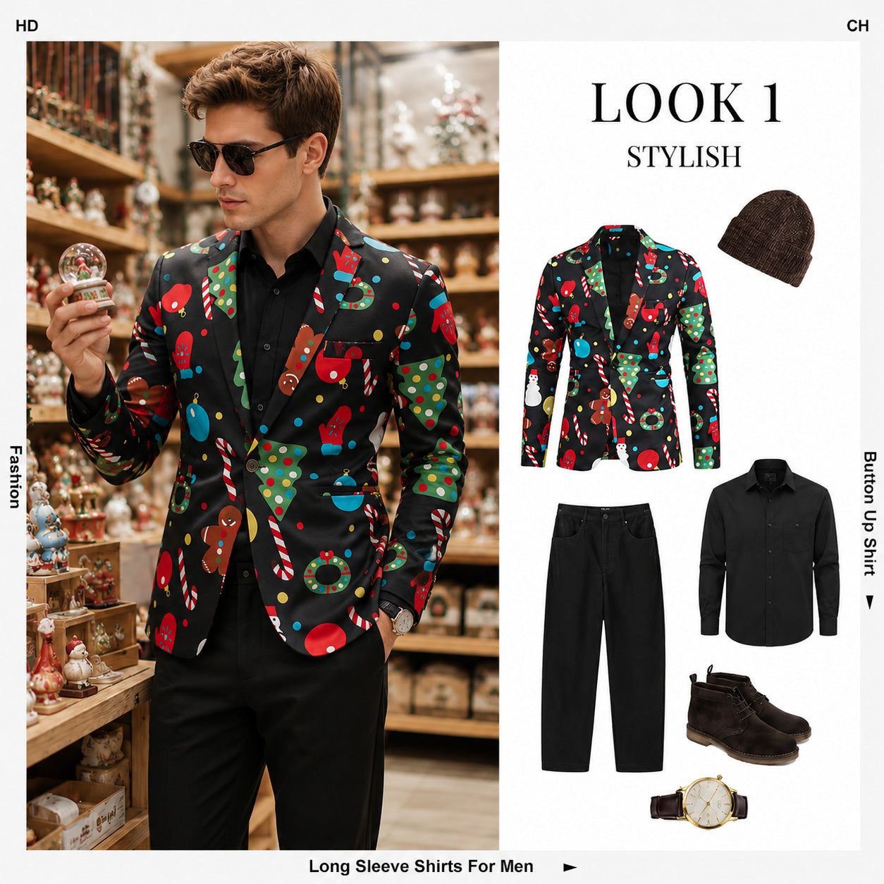 Wisholic black Christmas print blazer styled casually with black shirt, black pants, beanie, and brown boots