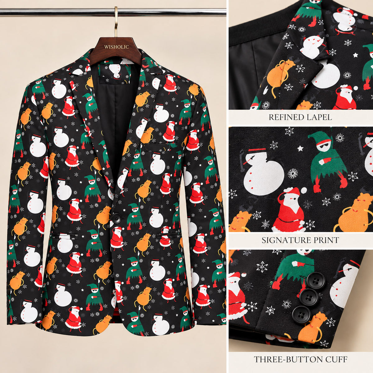 Tailoring craftsmanship of Wisholic Christmas blazer showcasing refined notch lapel, cute holiday characters print, and three-button cuffs