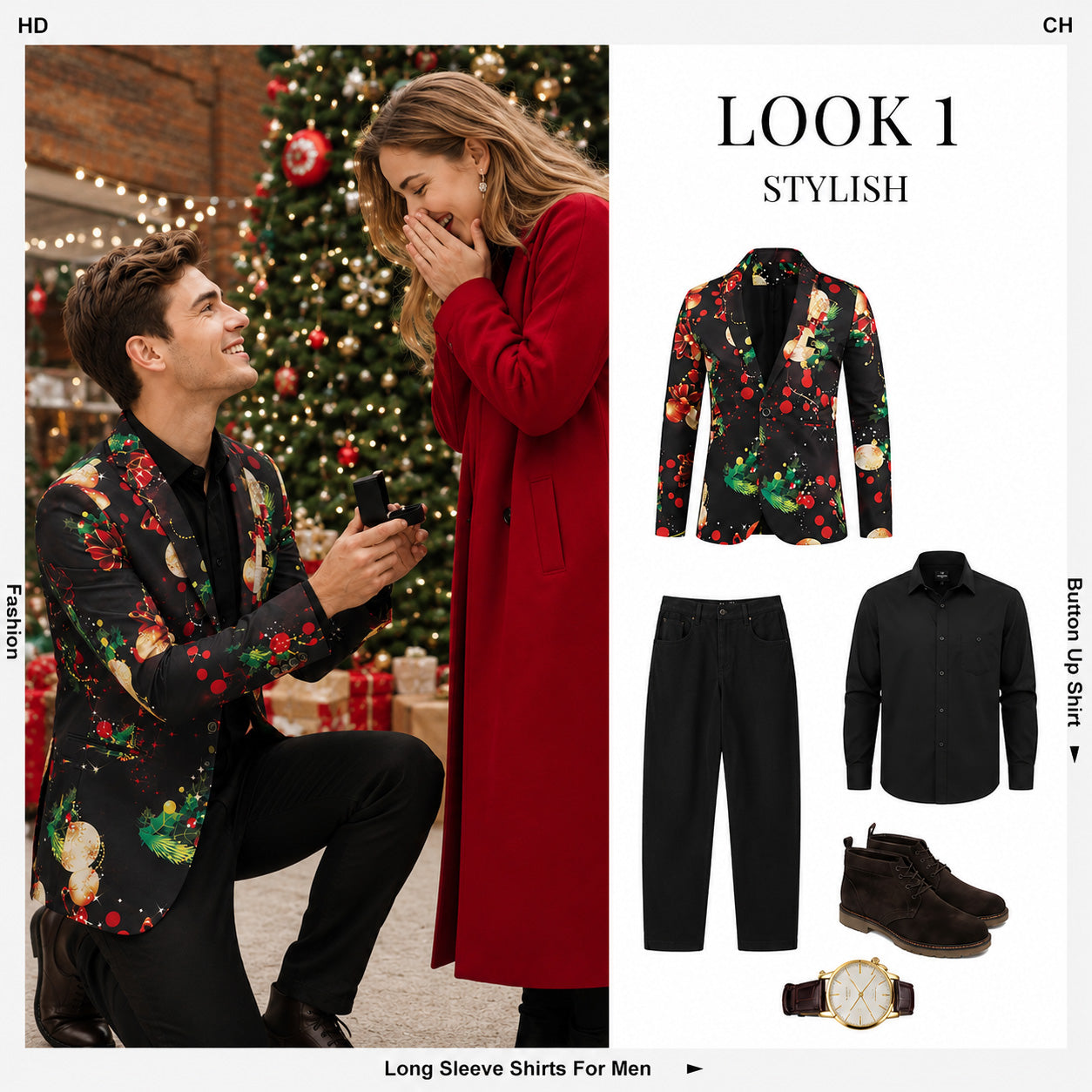 Romantic Christmas proposal scene featuring Wisholic black holiday blazer styled with black shirt and brown boots