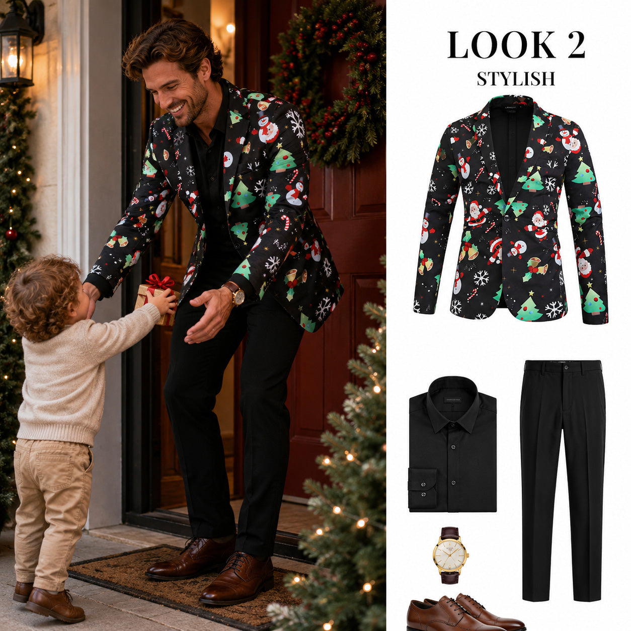 Wisholic men's black festive Christmas blazer style guide paired with solid black trousers, black shirt, and brown dress shoes