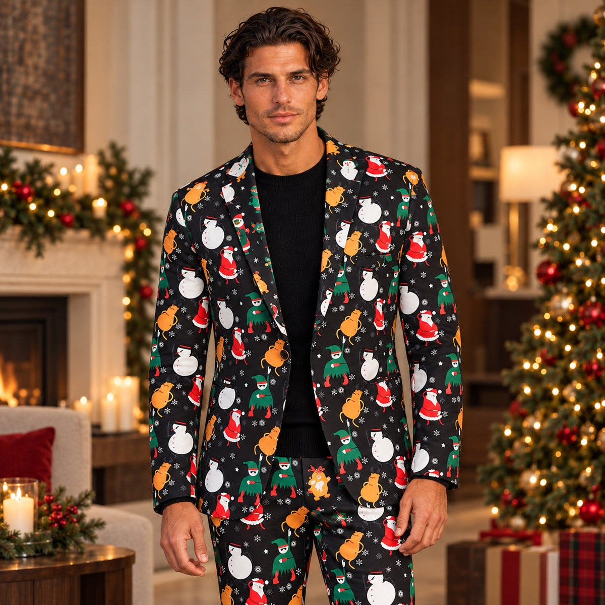 Wisholic men's festive black Christmas suit with playful Santa, snowman, elf, and cat print styled with black knit sweater