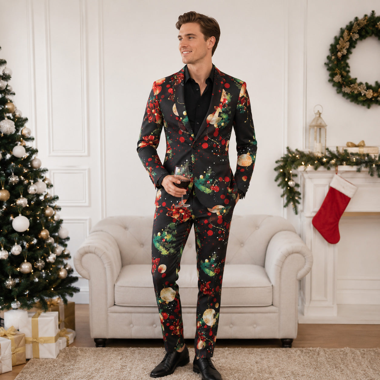 Wisholic men's black Christmas print suit set with gold baubles and red berries, styled with a glass of wine