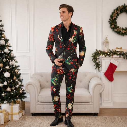 Wisholic men's black Christmas print suit set with gold baubles and red berries, styled with a glass of wine