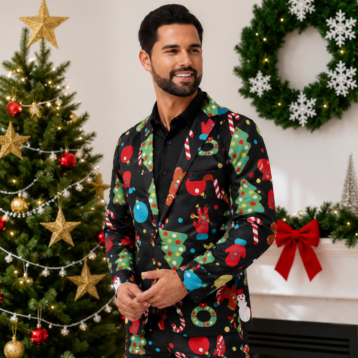 Wisholic men's black Christmas printed suit featuring gingerbread and tree motifs next to a decorated Christmas tree