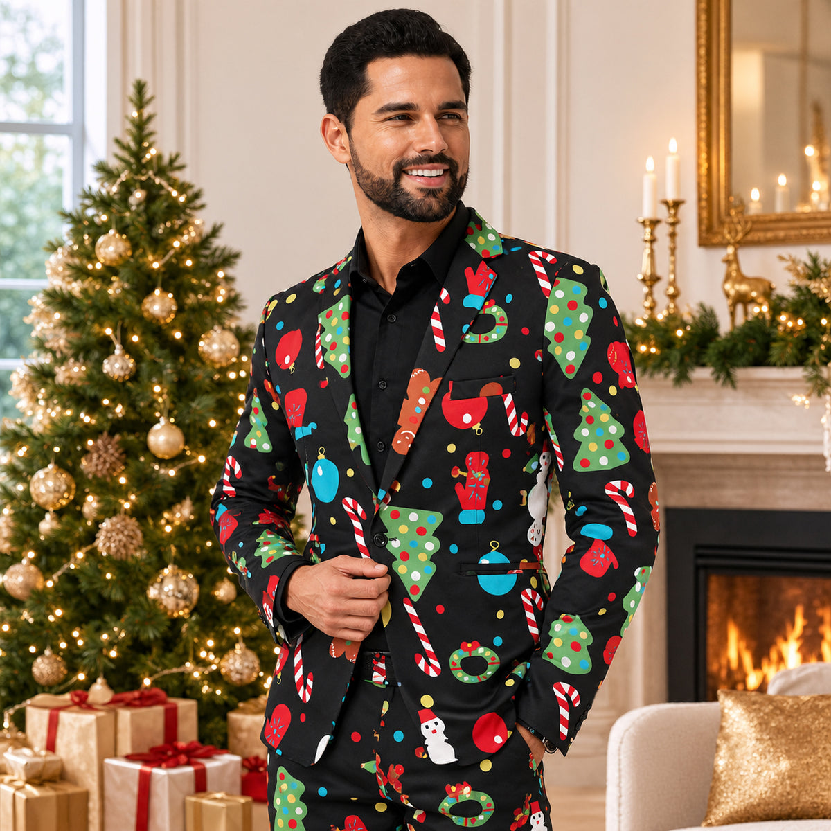 Wisholic men's black Christmas printed suit featuring festive tree, gingerbread, and snowman patterns
