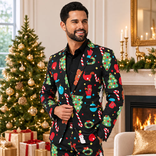 Wisholic men's black Christmas printed suit featuring festive tree, gingerbread, and snowman patterns