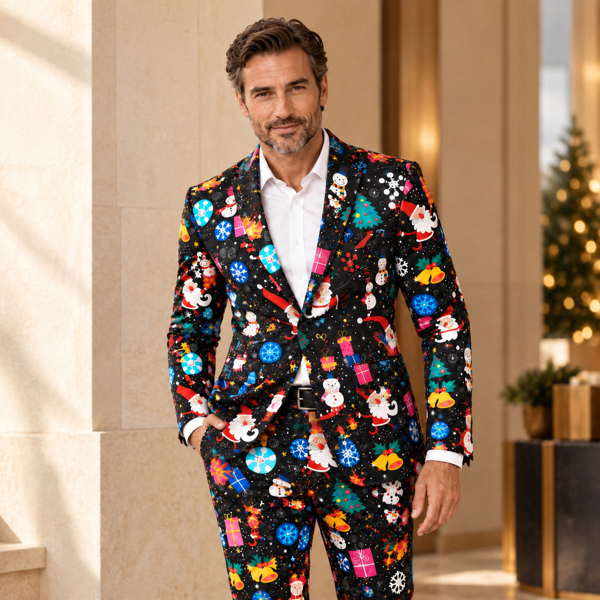 Wisholic men's black 2-piece suit with colorful Christmas pattern including Santa, snowmen, and holiday motifs.