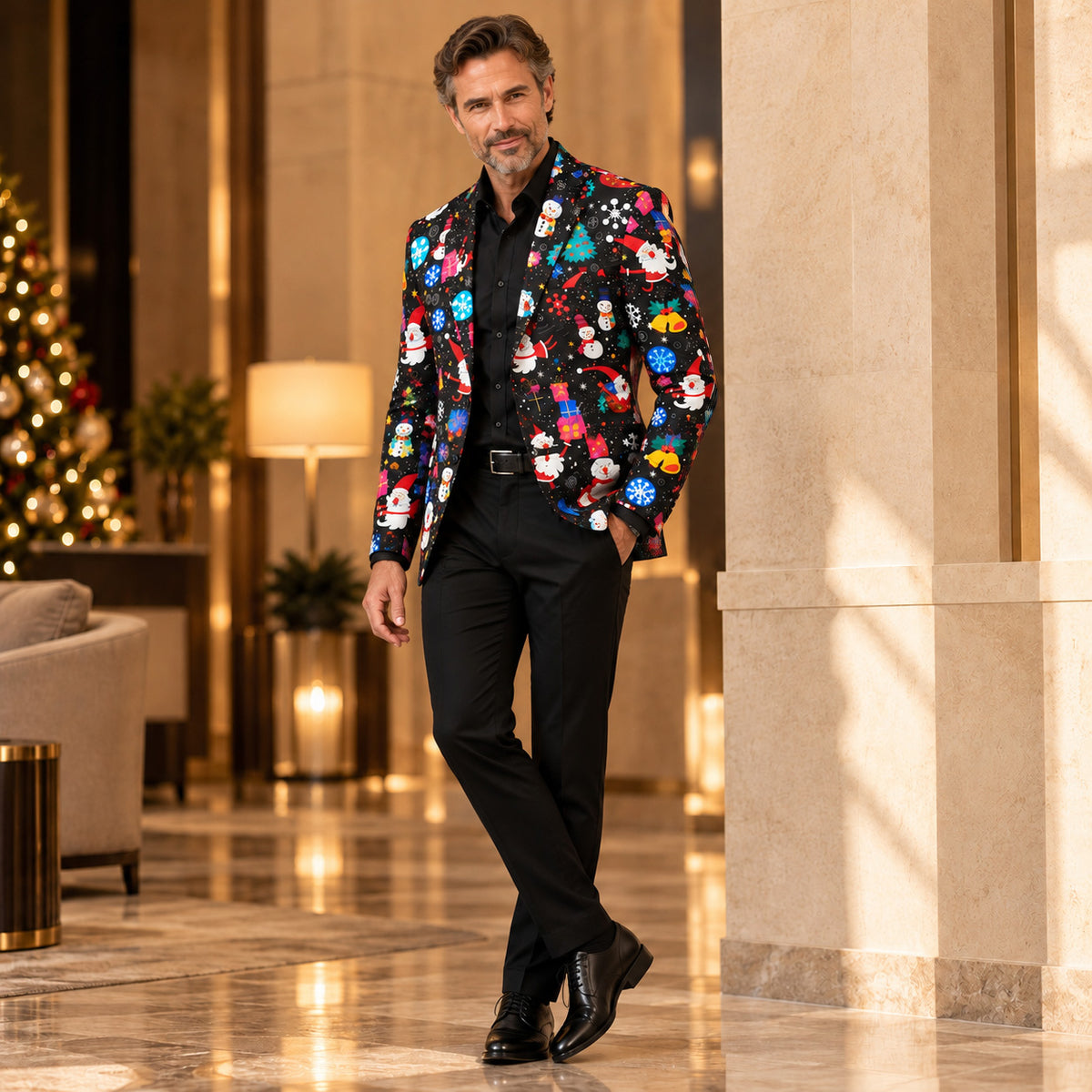 Wisholic men's Christmas printed blazer styled with black dress shirt and tailored dress pants.