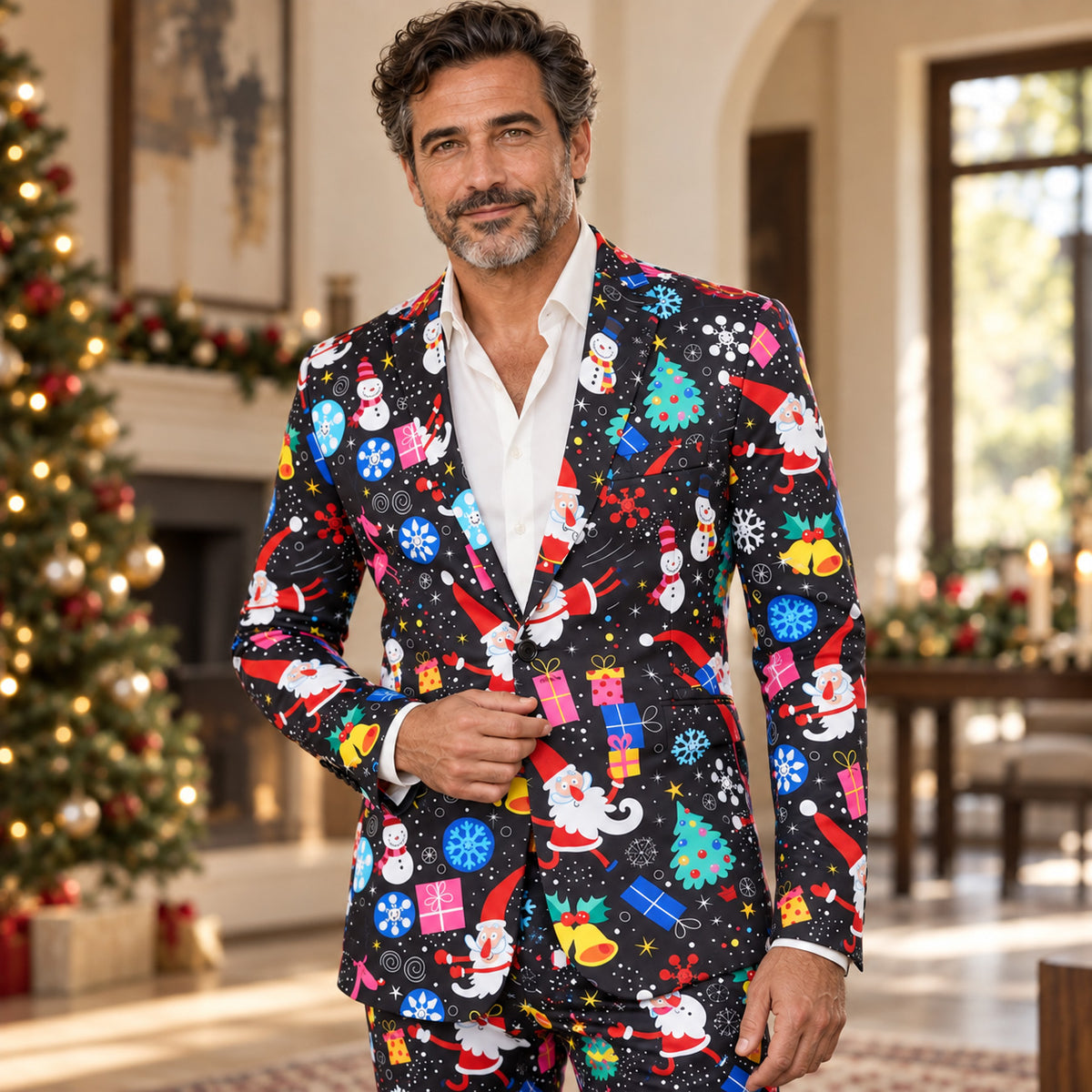 WISHOLIC men's black Christmas print suit featuring colorful Santa, snowman and festive holiday patterns
