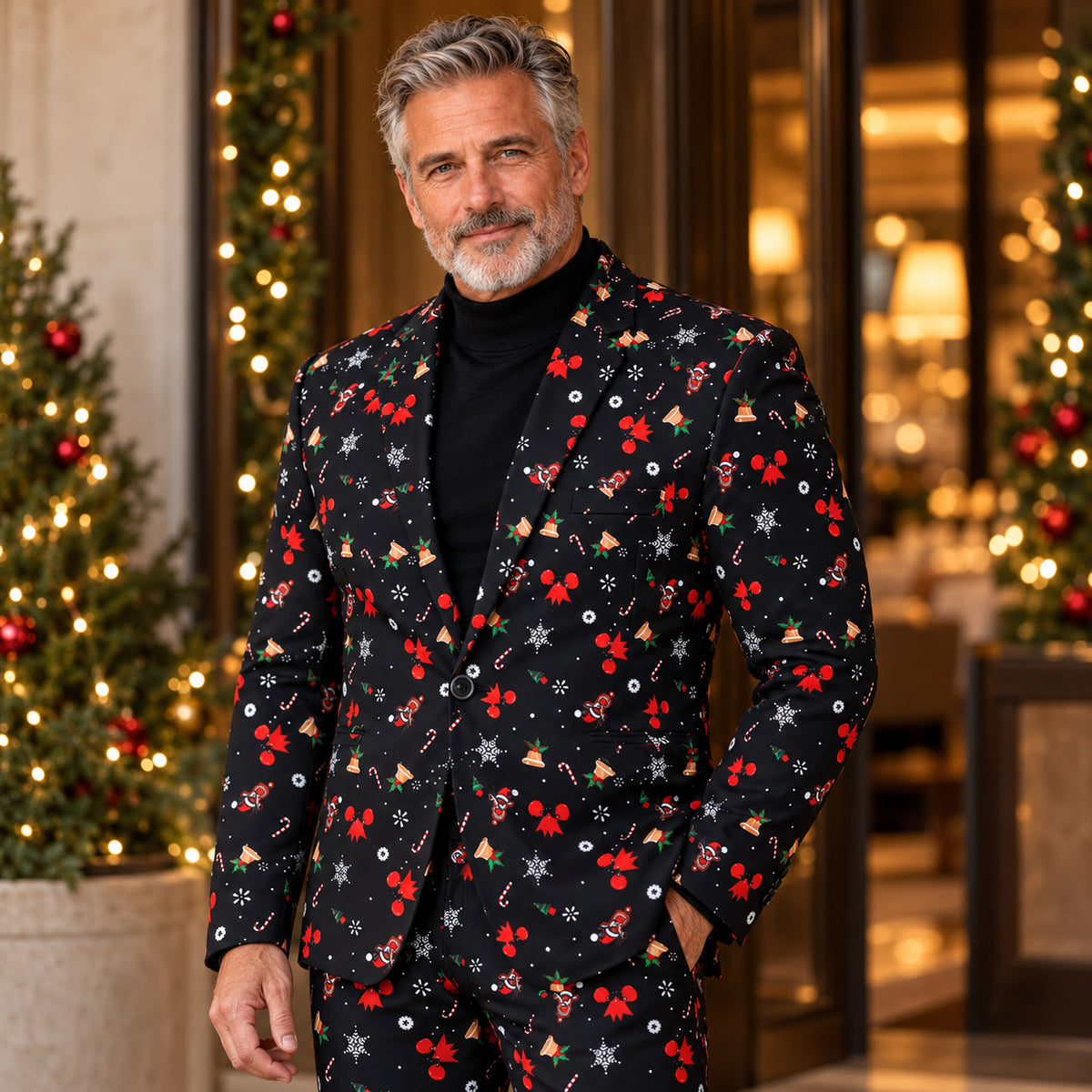Wisholic men's black festive Christmas holiday print suit jacket worn with a black turtleneck at a festive holiday party