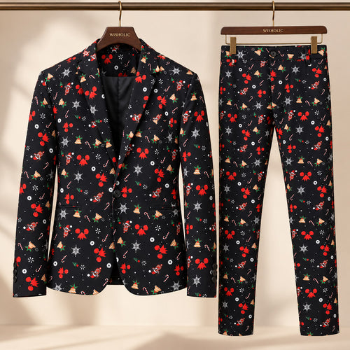 Wisholic 2-piece men's black holiday suit set featuring Christmas bell snowflake printed blazer jacket and matching trousers