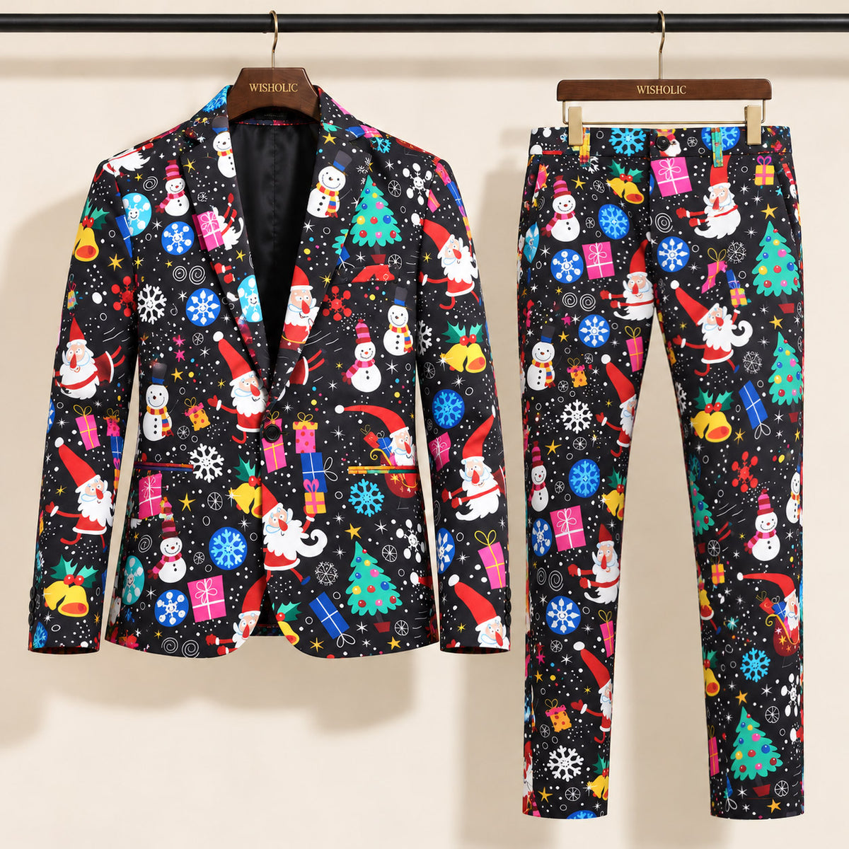 Wisholic festive black 2-piece Christmas suit set with blazer and trousers featuring Santa Claus, snowmen, and Christmas tree print
