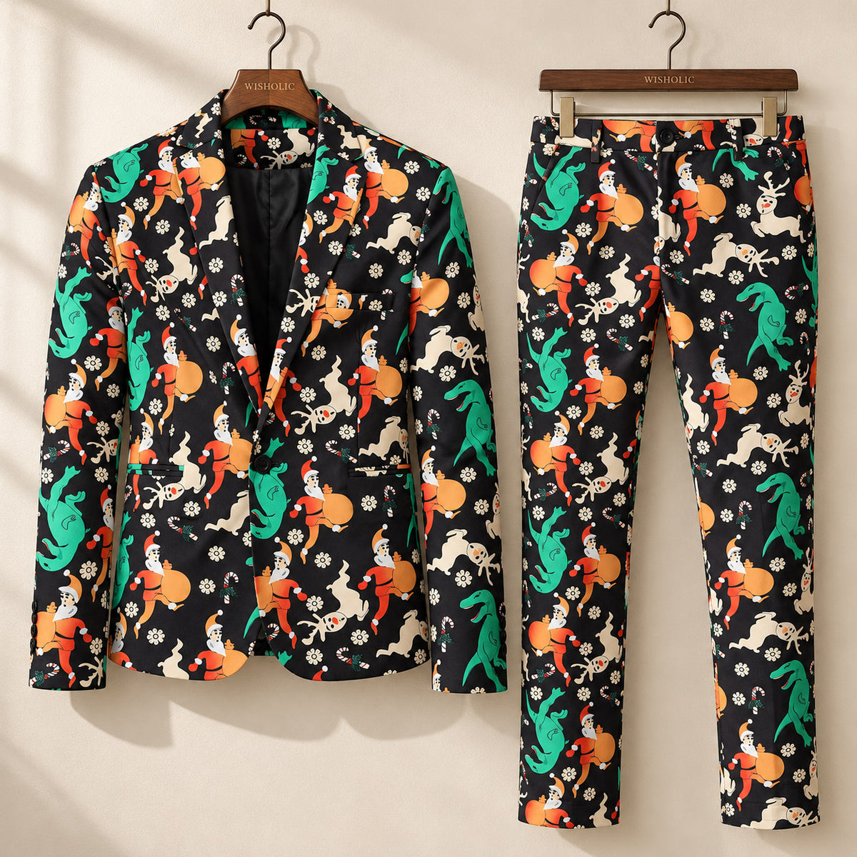 Wisholic black Christmas printed 2-piece suit set including holiday blazer and matching trousers on hangers