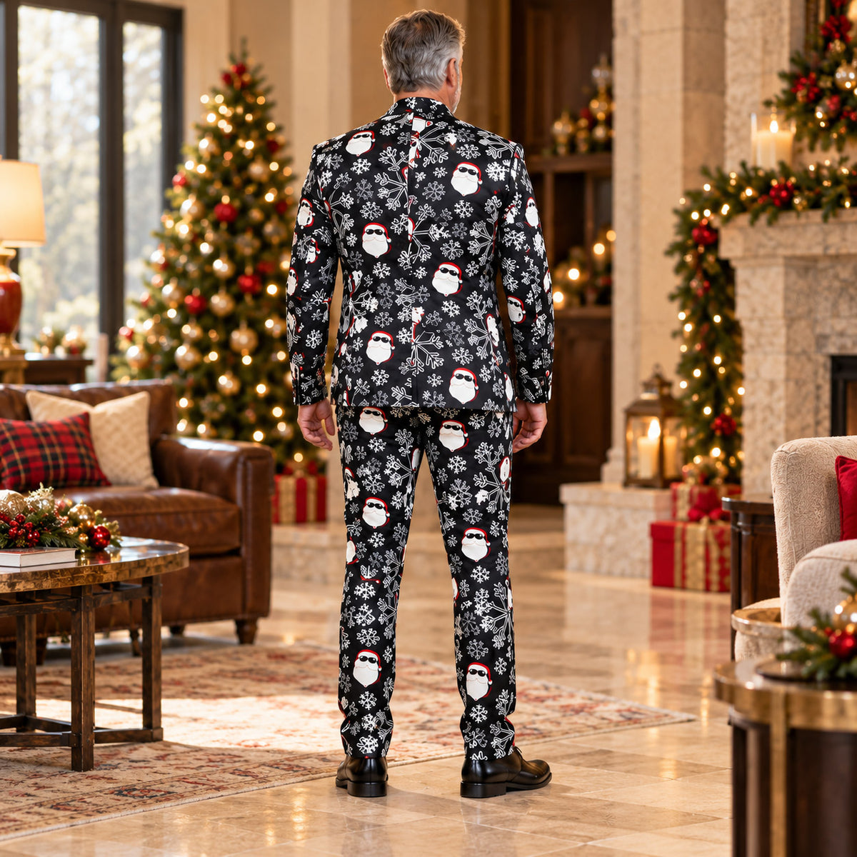 Back view of Wisholic tailored fit holiday printed suit featuring continuous black snowflake and Santa pattern across blazer jacket and trousers