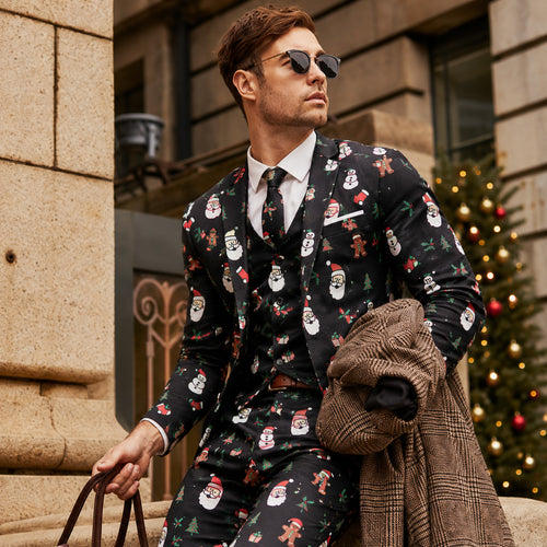 Men's black Christmas Santa print 3-piece suit front view walking outdoors | WISHOLIC