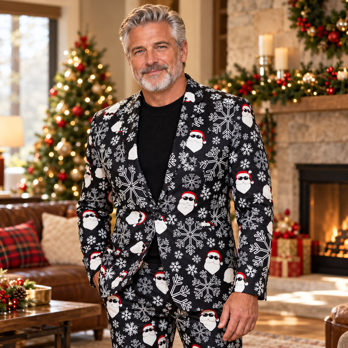 Wisholic men's festive black holiday suit featuring allover snowflake and sunglasses Santa Claus print worn in front of a Christmas tree