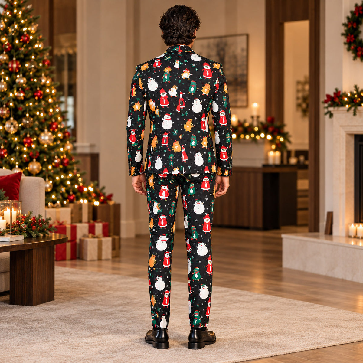 Back view of Wisholic tailored men's black holiday suit showing all-over Christmas cartoon characters print beside decorated holiday tree