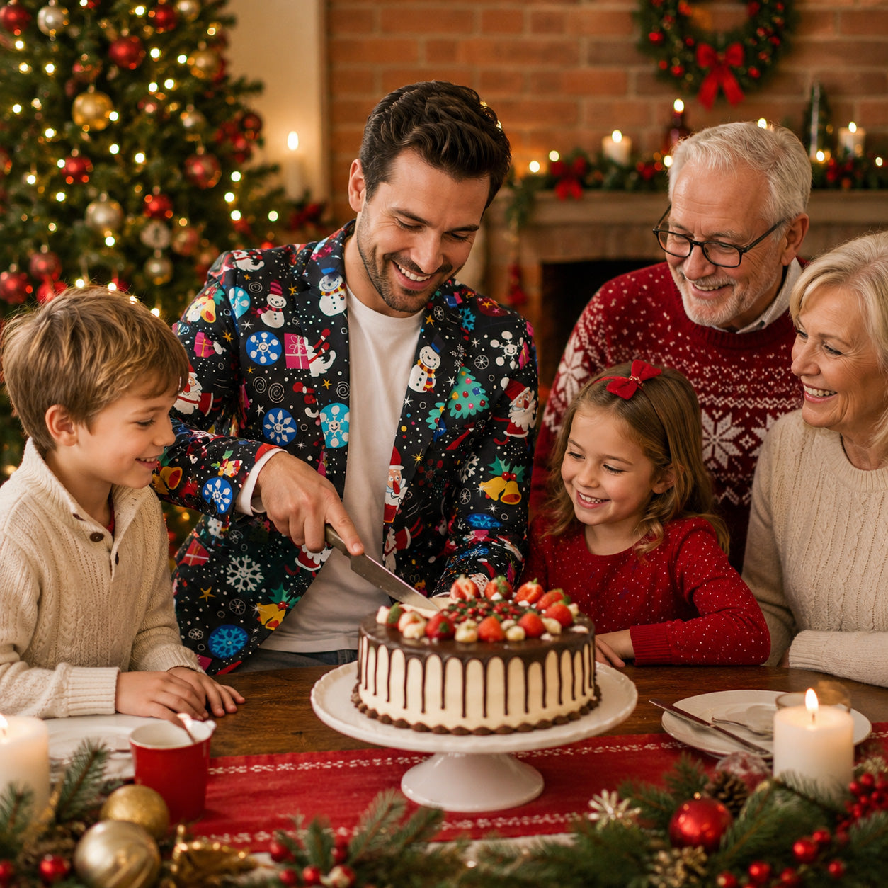 Man in Wisholic black festive cartoon print suit sitting next to Santa Claus on a red couch