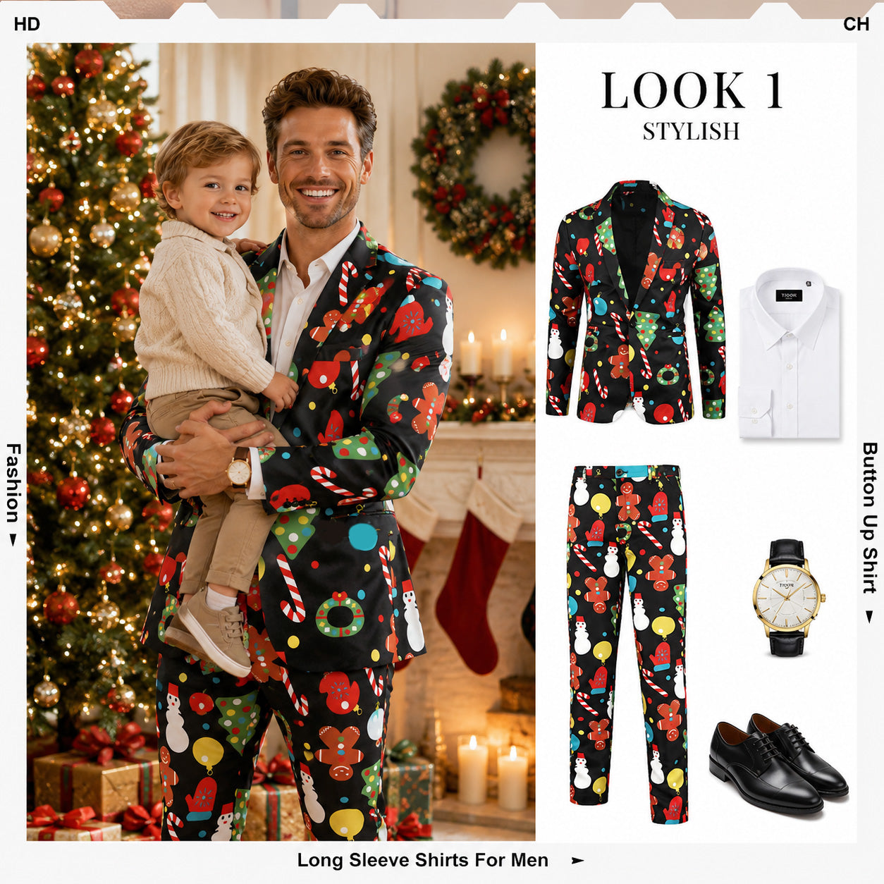 Father wearing Wisholic black Christmas suit with child near Christmas tree and flatlay outfit combination with white shirt