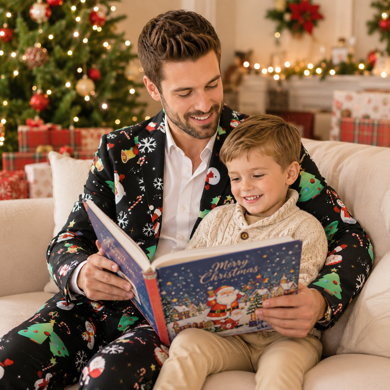 Father in Wisholic black printed Christmas suit reading a holiday book with his child on the sofa