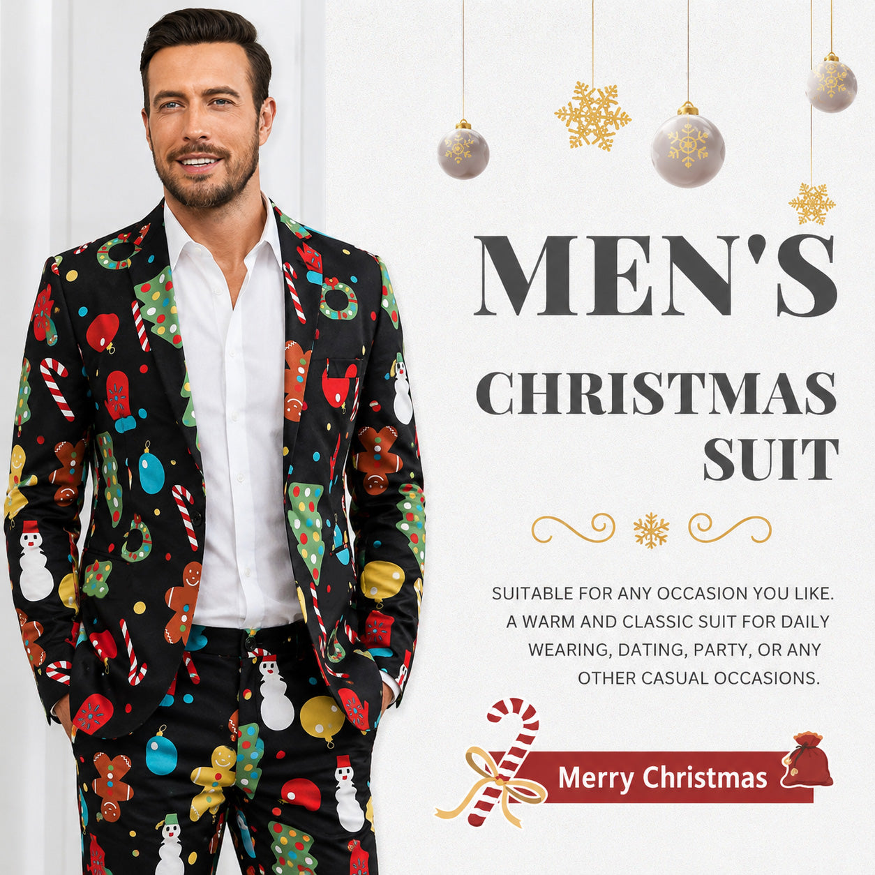 Wisholic men's funny black Christmas suit set for holiday parties and festive casual wear