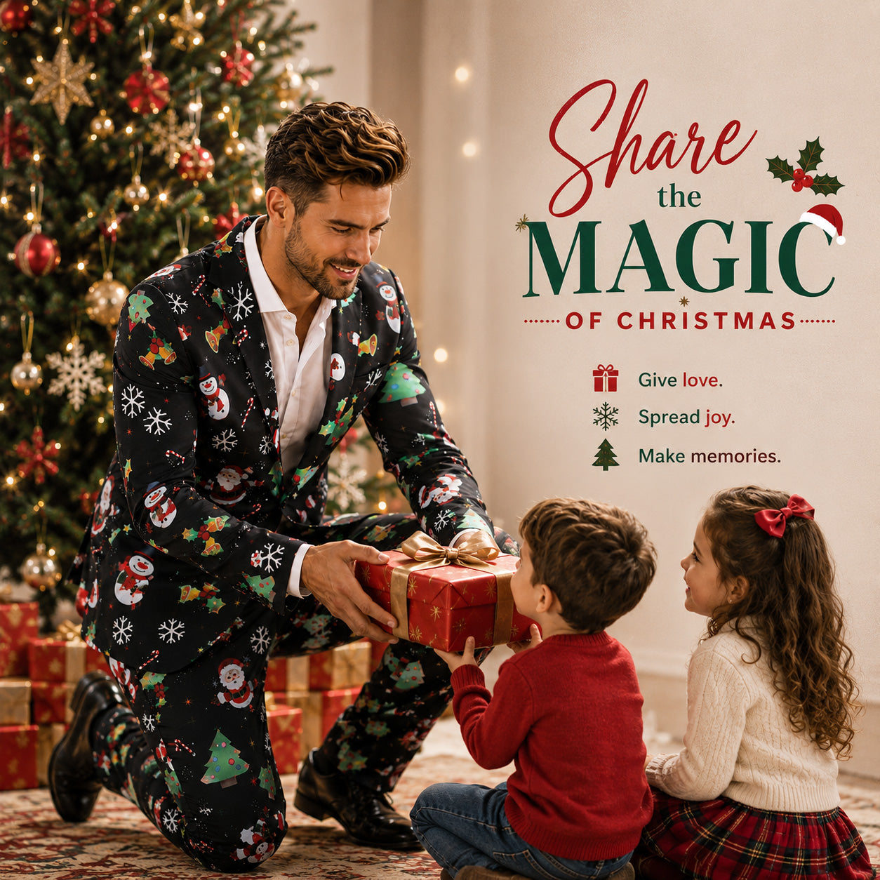 Wisholic men's festive black Christmas suit poster featuring a father giving gift boxes to kids in front of a tree