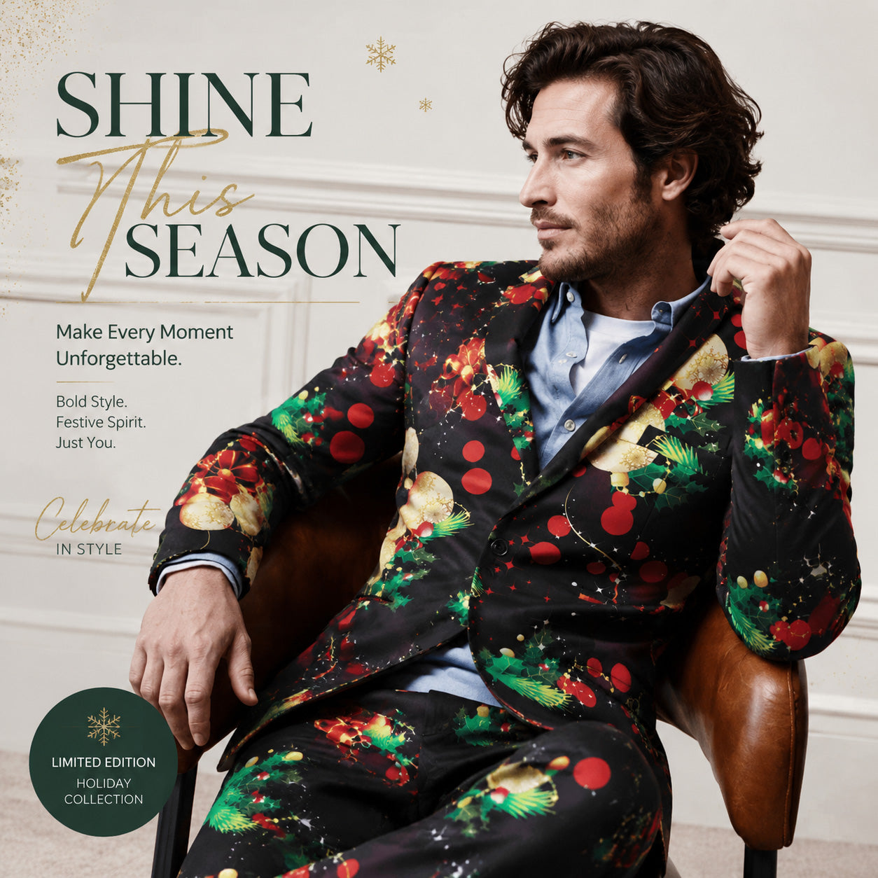 Wisholic limited edition holiday collection poster featuring a man in a black Christmas bauble suit sitting on an armchair