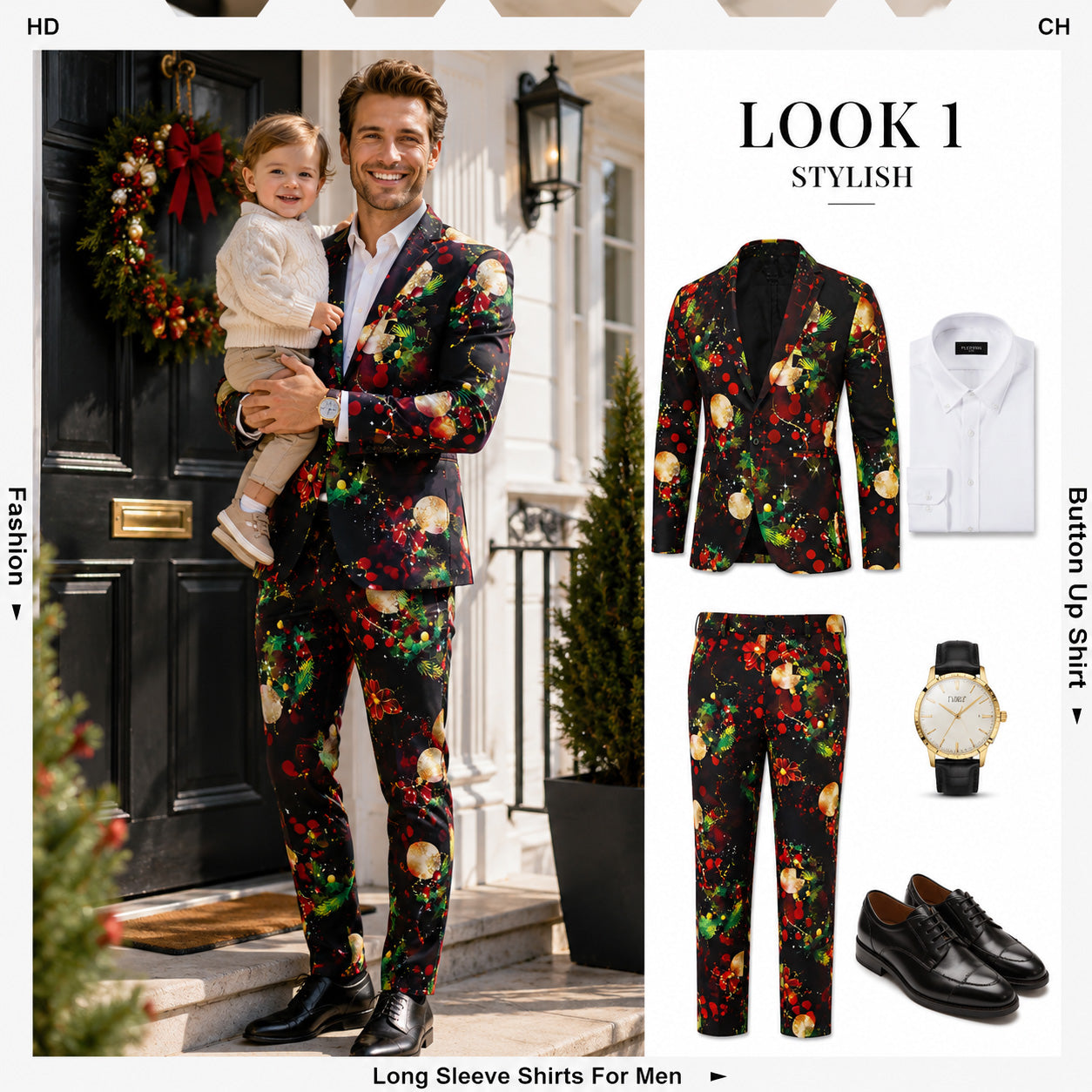 Wisholic men's black Christmas suit style guide with white button-down shirt, black dress pants, and dress shoes