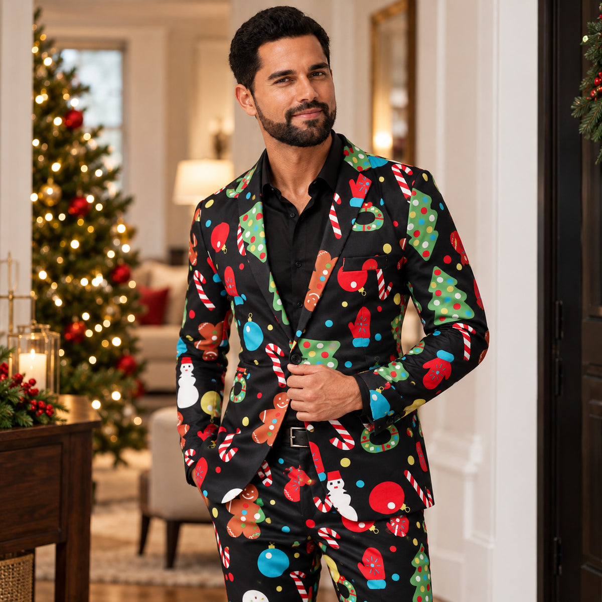 WISHOLIC men's black colorful Christmas print two-piece suit with festive holiday patterns, styled with a black shirt