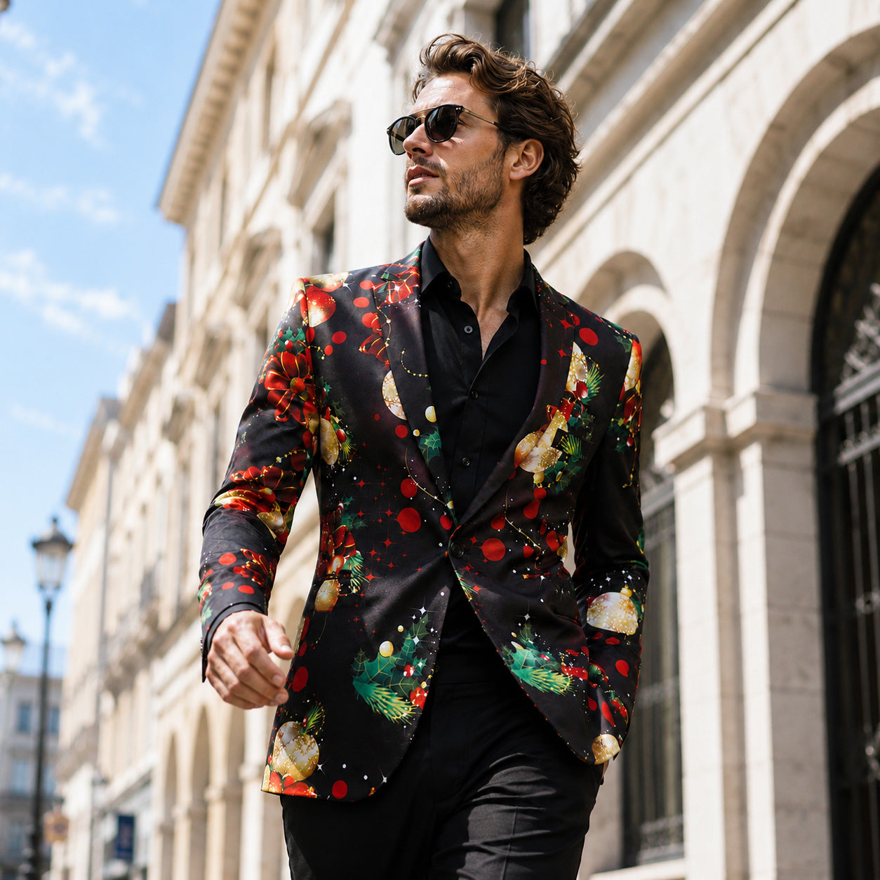 Stylish man wearing Wisholic black Christmas pattern blazer jacket with sunglasses on a city street
