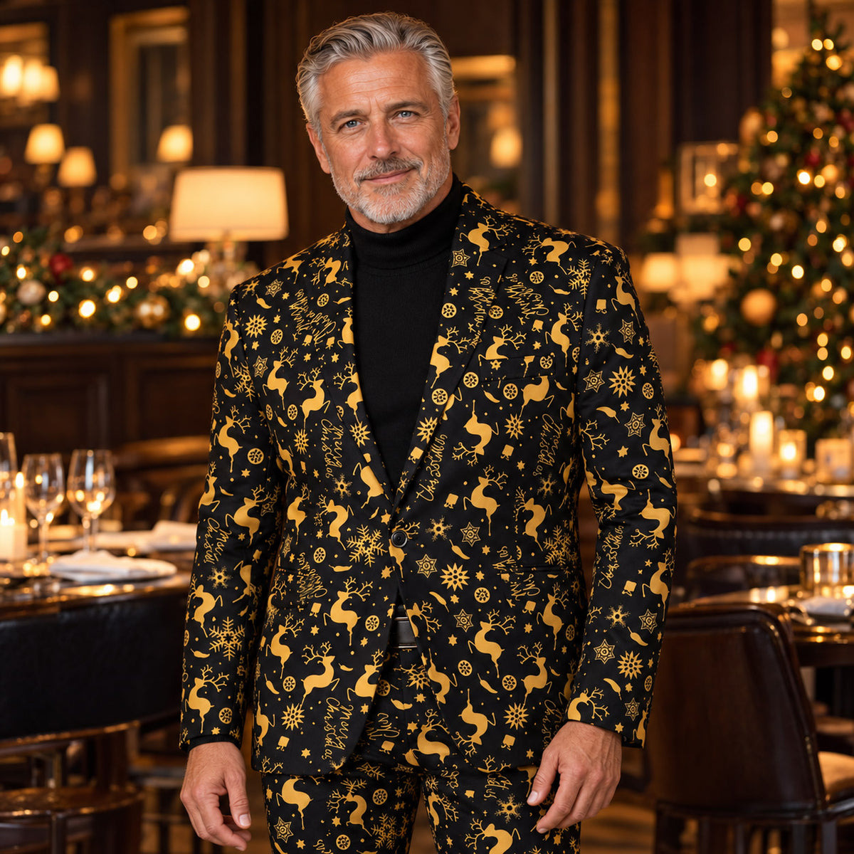 Wisholic men's metallic gold and black Christmas printed suit jacket styled with a black turtleneck in a luxury holiday dinner setting