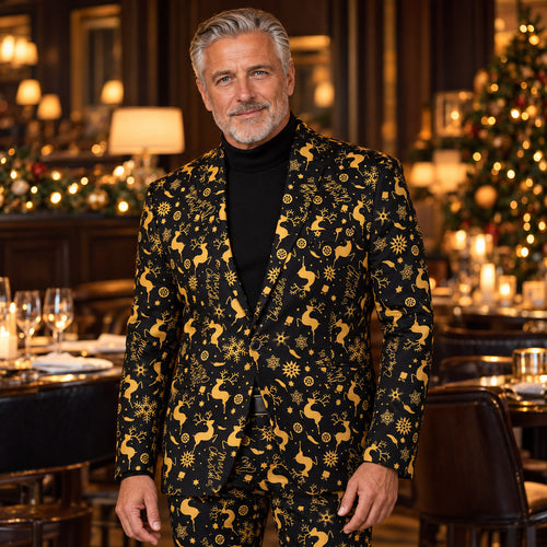 Wisholic men's metallic gold and black Christmas printed suit jacket styled with a black turtleneck in a luxury holiday dinner setting