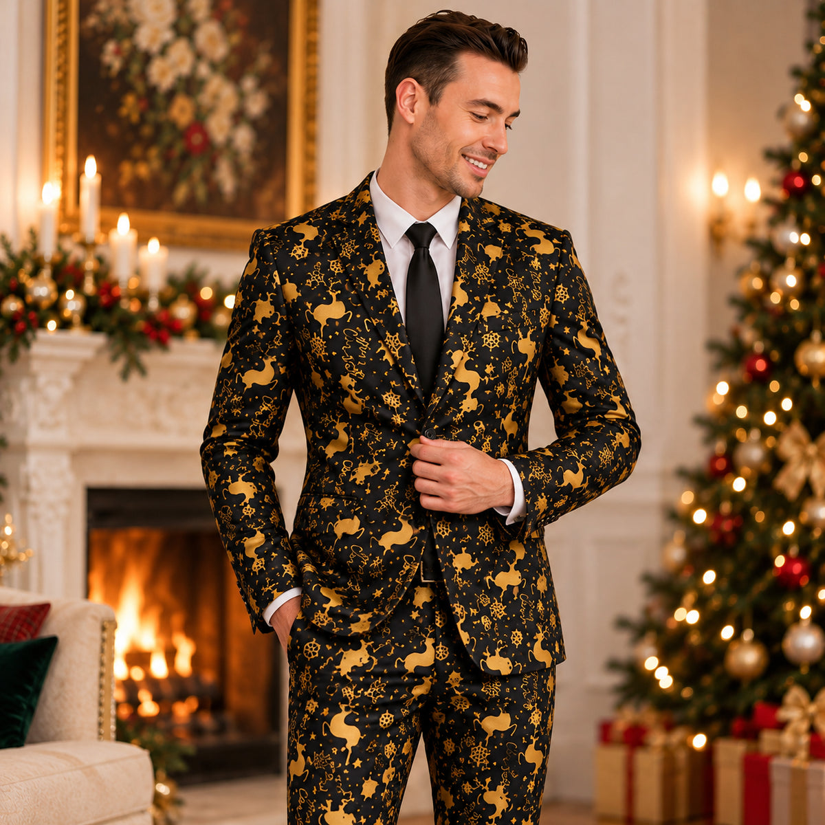 Wisholic men's black and gold Christmas suit with golden reindeer and snowflake print, styled with a white shirt and black tie in front of a holiday fireplace.