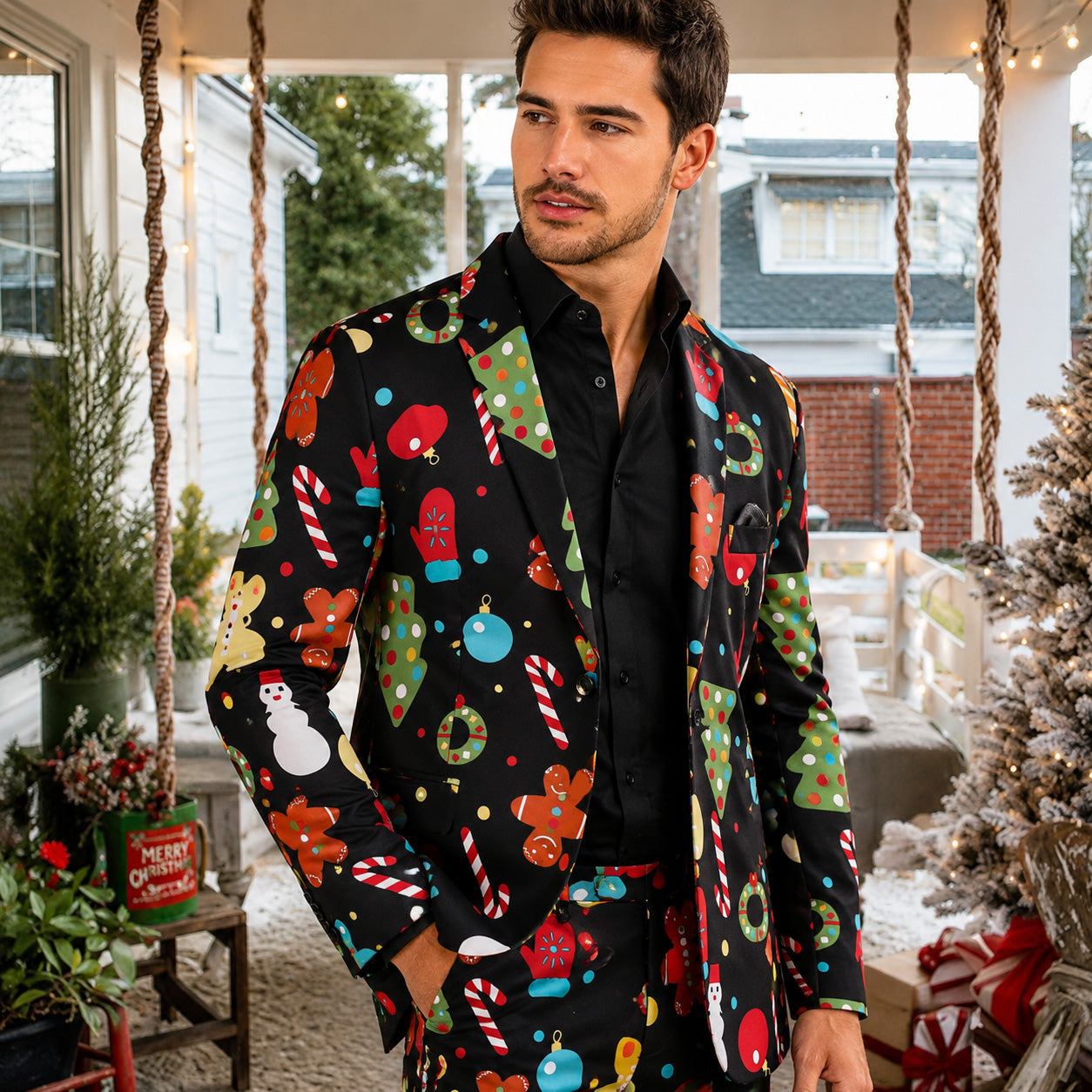 Man wearing Wisholic black festive holiday print blazer and trousers on a snowy porch decorated for Christmas