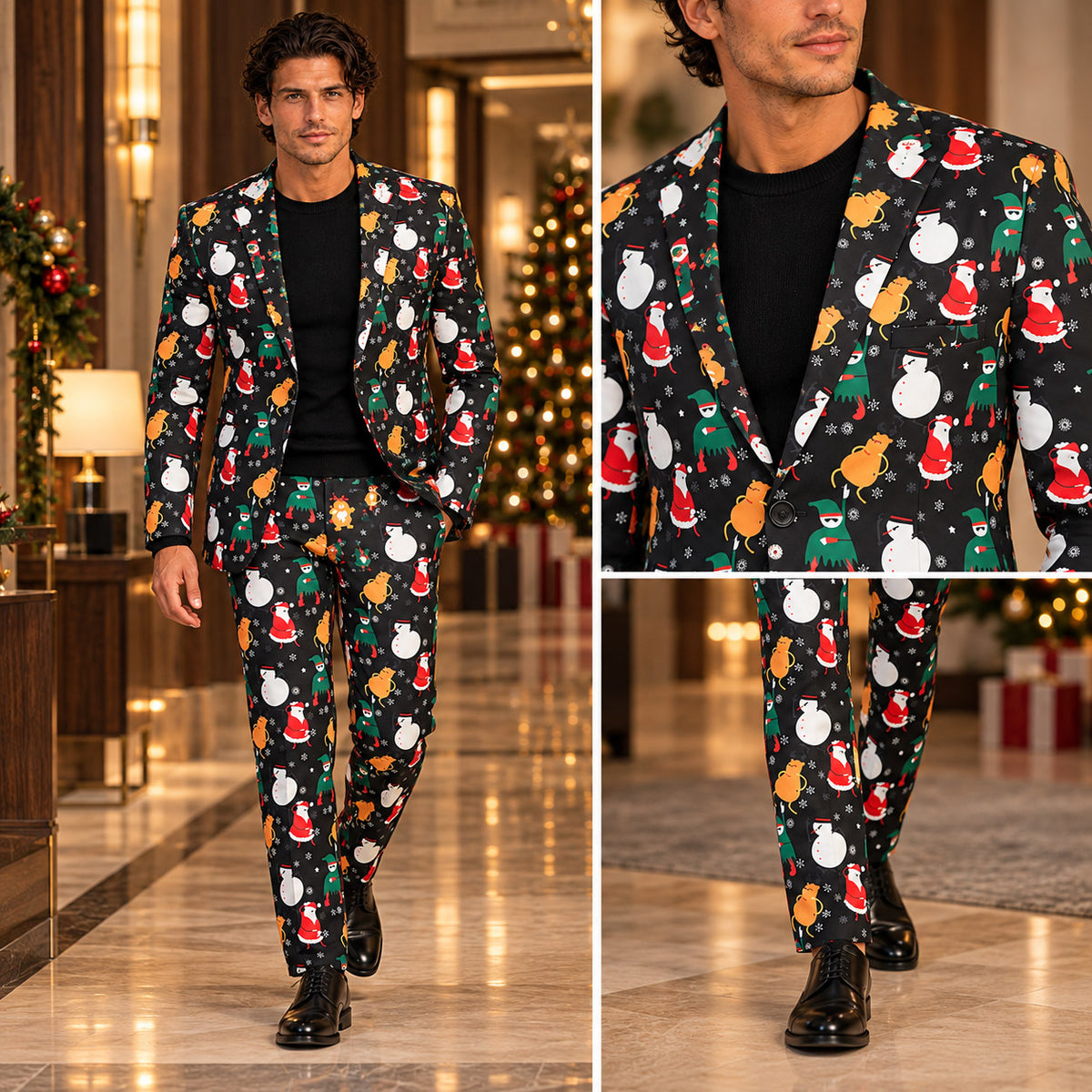 Full body fit and close-up views of Wisholic men's tailored black Christmas suit featuring colorful holiday characters and slim trousers