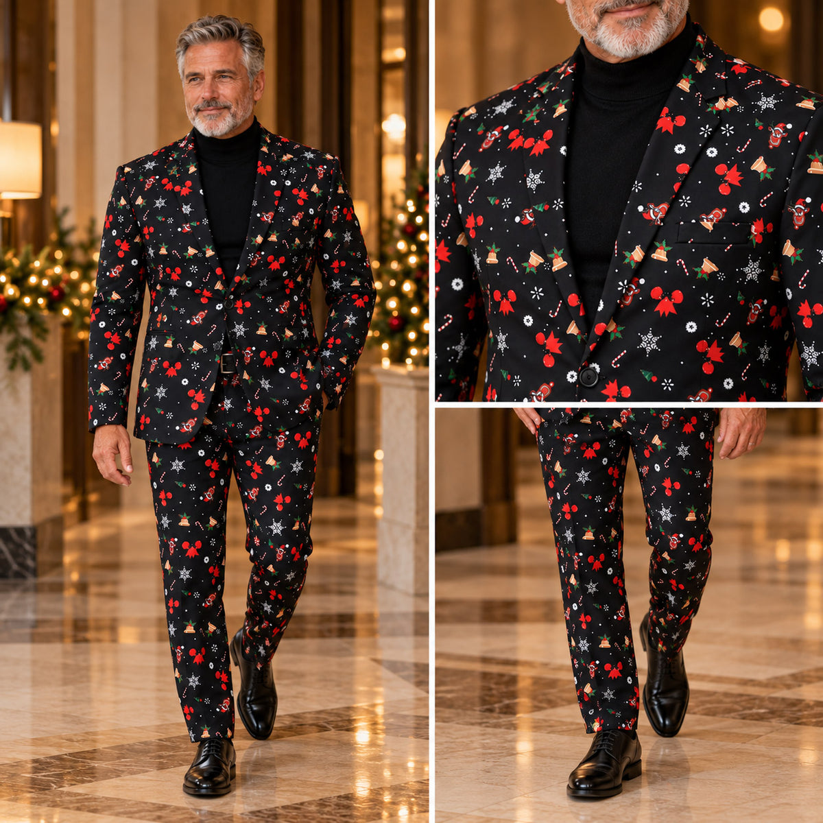 Wisholic men's tailored Christmas party print suit outfit showcase including full-body front view lapel and trousers detail