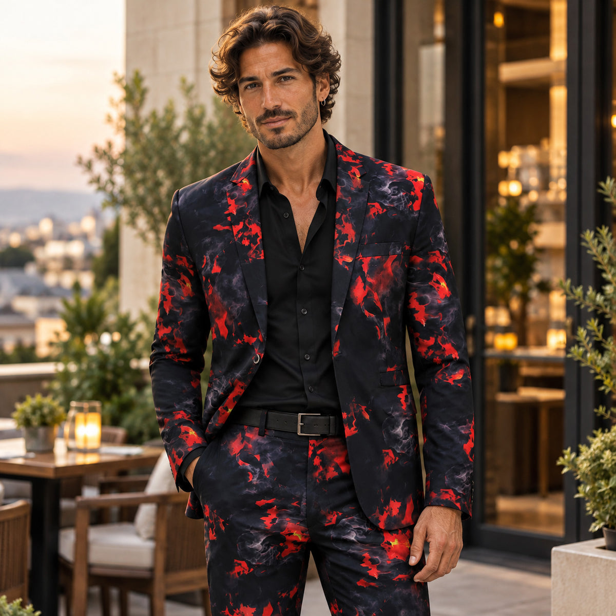 Wisholic men's modern fit suit jacket featuring an abstract black and red fire smoke pattern on rooftop terrace