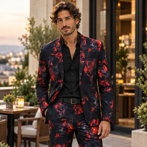 Wisholic men's modern fit suit jacket featuring an abstract black and red fire smoke pattern on rooftop terrace