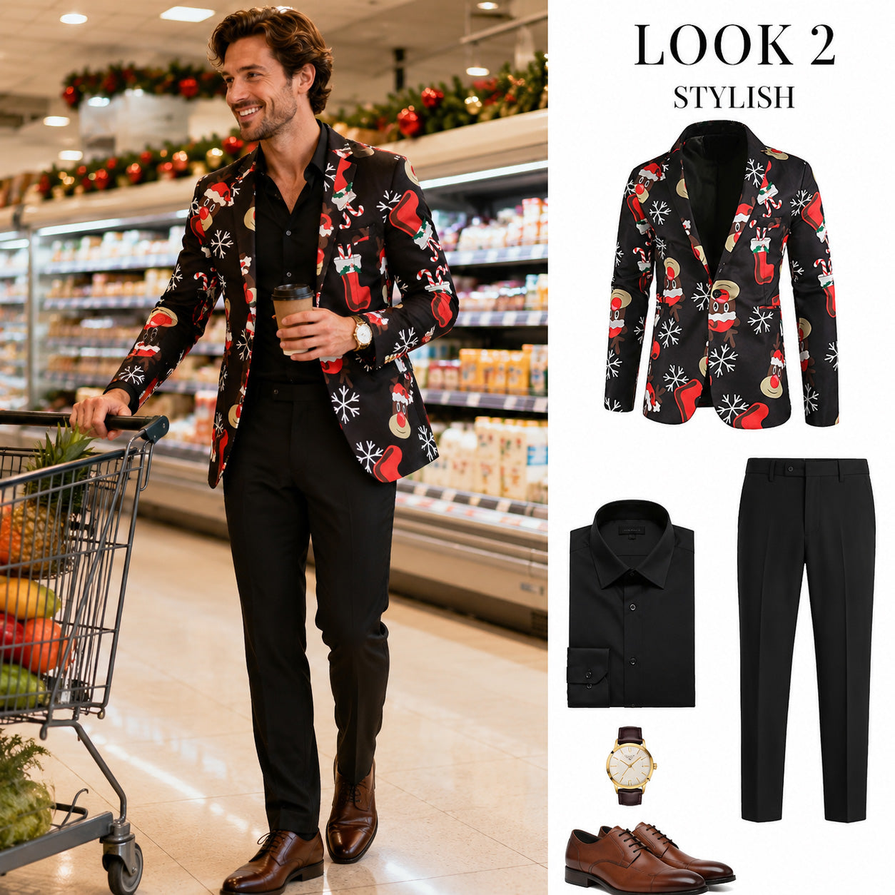 Wisholic men's black reindeer printed Christmas blazer styled with solid black trousers and black dress shirt