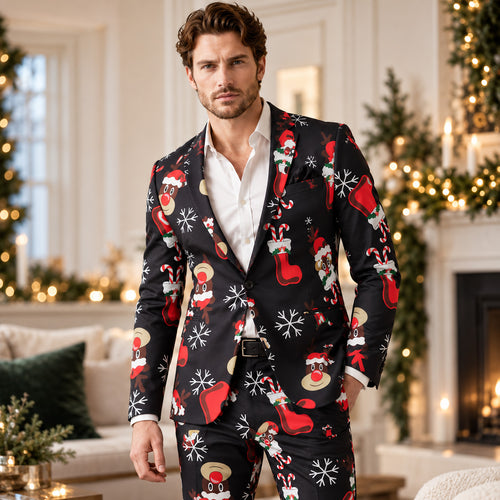 WISHOLIC men's black Christmas suit with red-nosed reindeer, snowflakes and red stockings, styled with a white shirt for a holiday party.