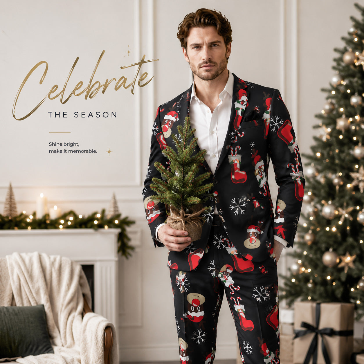 Wisholic men's black reindeer and stocking Christmas suit poster featuring a model holding a mini Christmas tree