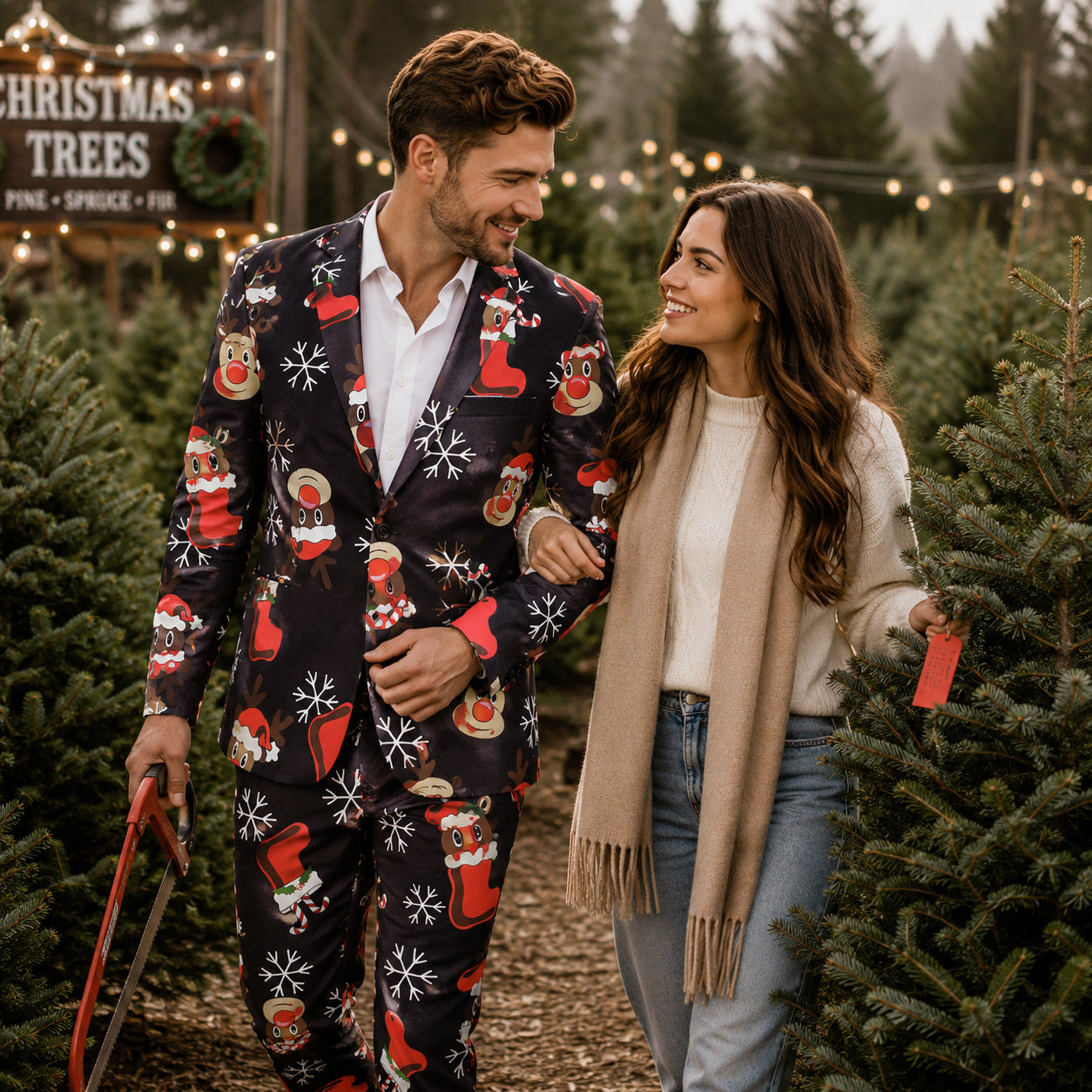 Wisholic men's black festive reindeer suit worn while giving holiday gift boxes to kids outdoors