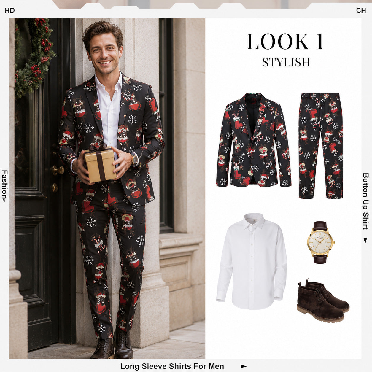 Wisholic men's black reindeer print Christmas suit style guide with matching blazer, trousers, white shirt, and boots