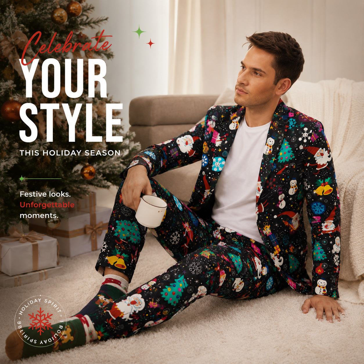 Father wearing Wisholic black ugly Christmas blazer cutting holiday cake with family around the dinner table