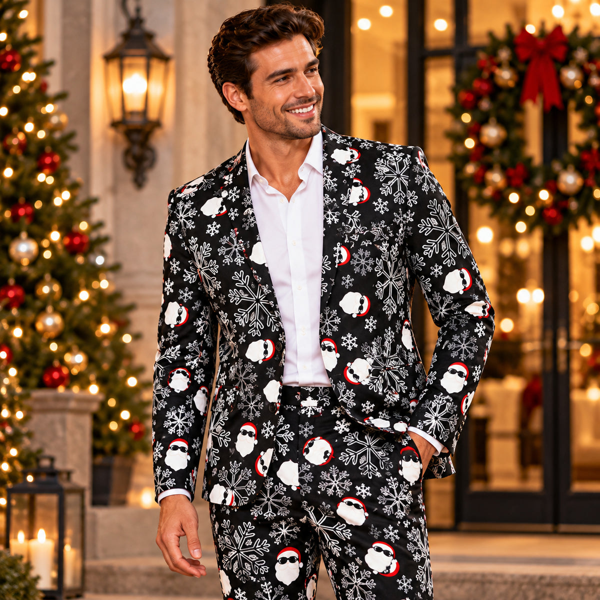 Wisholic men's black Christmas suit featuring cool Santa Claus with sunglasses and snowflake print, paired with a white dress shirt.