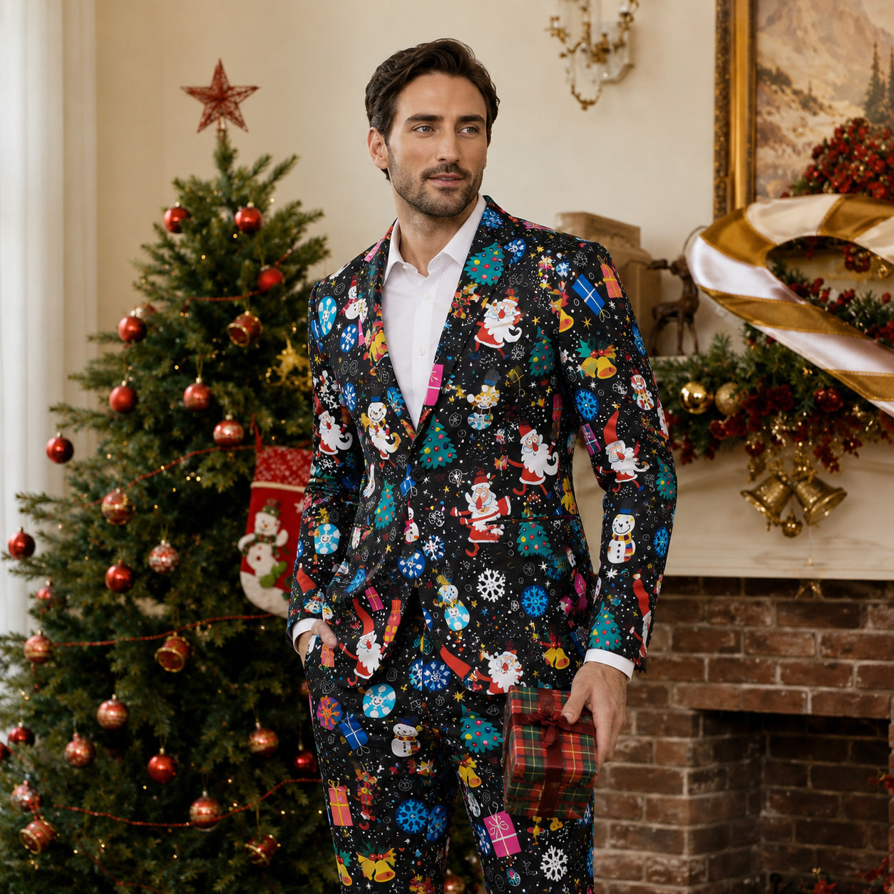 Wisholic men's black ugly Christmas suit featuring Santa Claus, snowman, and Christmas tree prints by a cozy fireplace