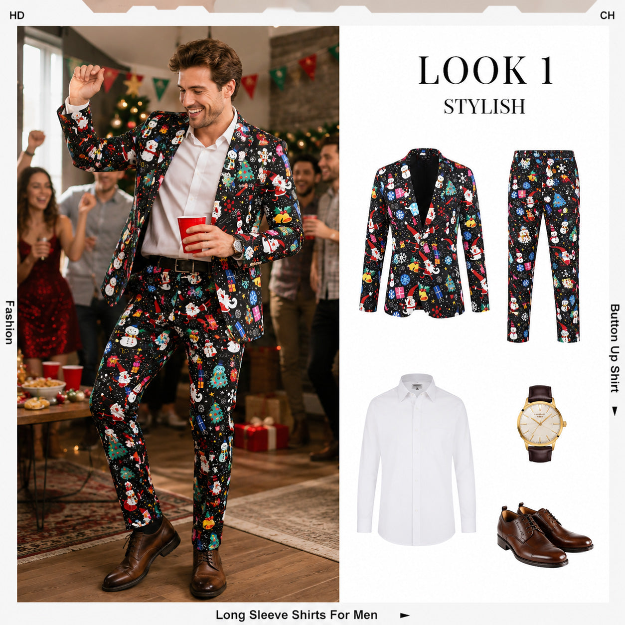 Wisholic black Christmas pattern suit outfit guide for holiday parties styled with white shirt and brown shoes