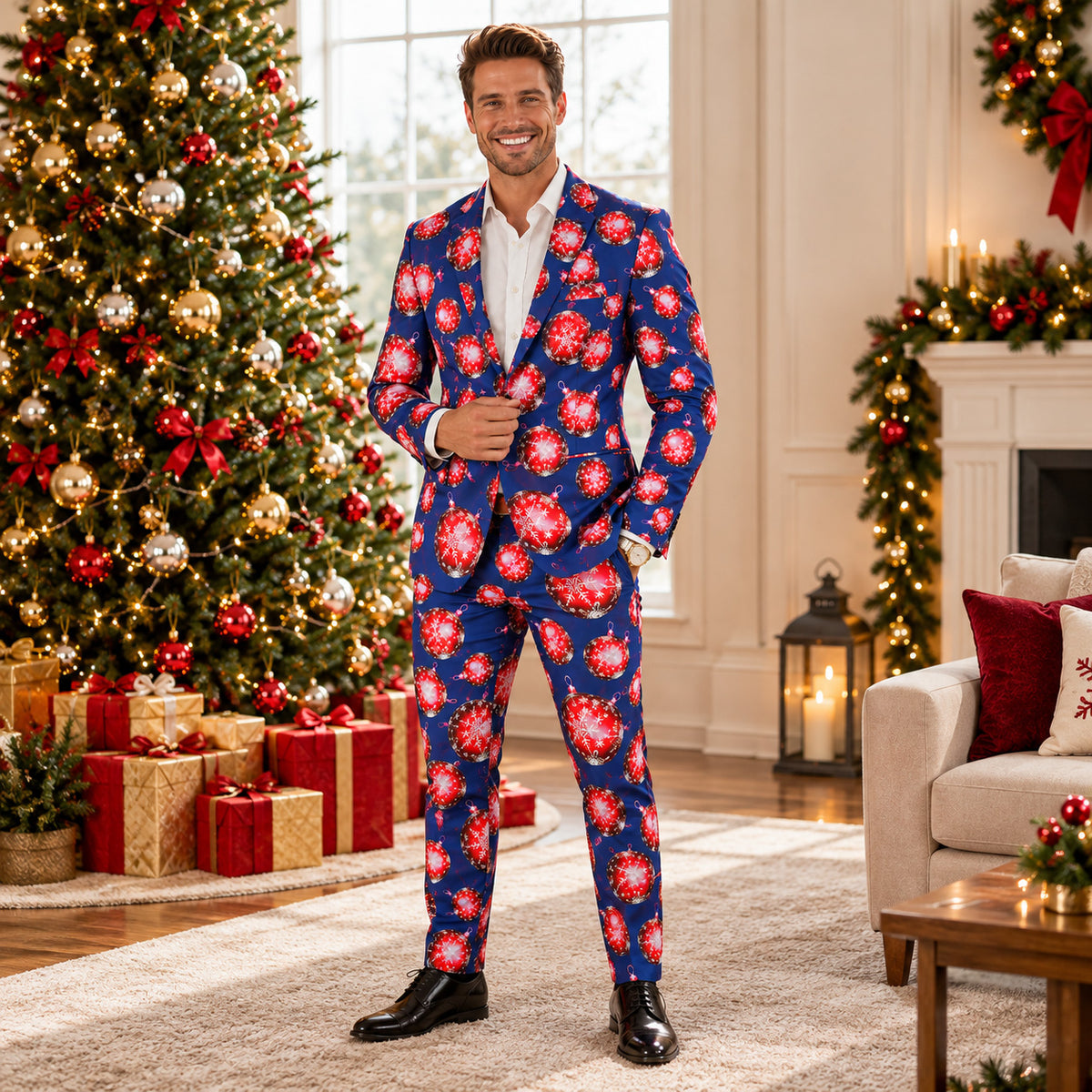Wisholic men's festive Christmas suit with red bauble pattern, worn by a man standing next to a girl with a gift in a cozy holiday living room.